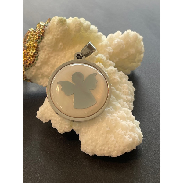Pendentif, Médaillon Nacre Ange 23 mm, Acier Inoxydable coloris Argent
