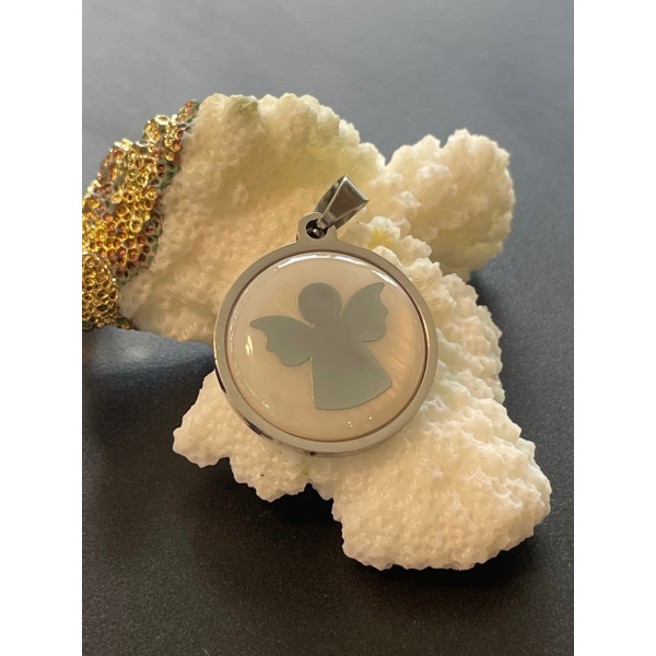 Pendentif, Médaillon Nacre Ange 23 mm, Acier Inoxydable coloris Argent