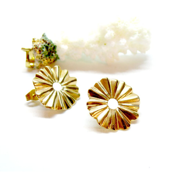 Puces Soleil avec attache 18mm, ACIER INOXYDABLE 304,  finition Doré à l'or fin 18K