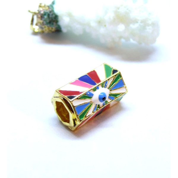 Perle intercalaire Tube Hexagonale  Bohème, Amulette Oeil de la protection 21 par 13mm métal  multicolores