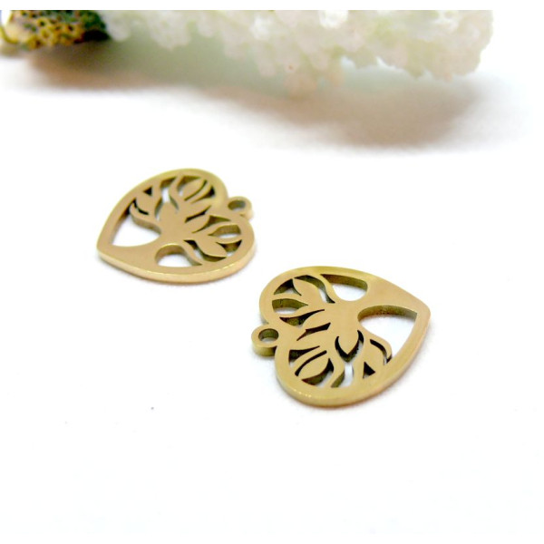 Pendentifs, Cœur Arbre 15mm, acier Inoxydable 316, Placage Doré