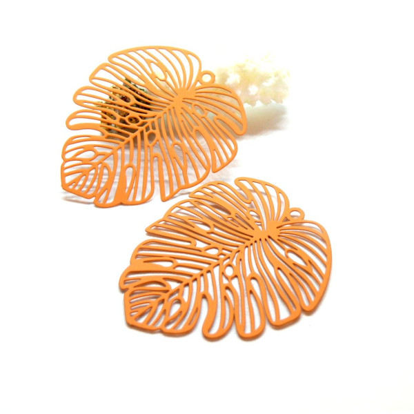 Estampes pendentif filigrane Feuille exotique, Monsterra de 49mm Coloris Orange