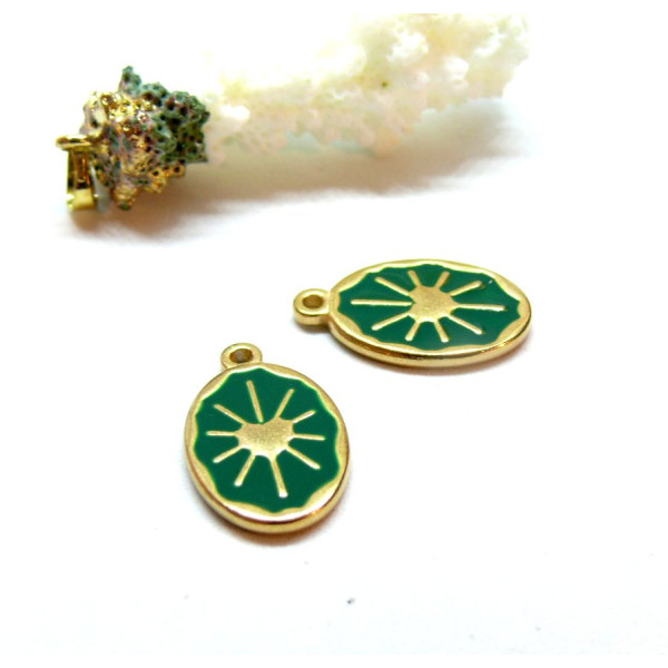 Pendentif, Médaillon Ovale 14 par 23mm, Soleil, résine émaillée BLEU, Acier Inoxydable 304, finition Doré