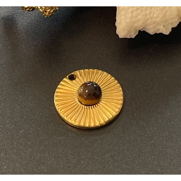 Pendentif grigri, Amulette, Oeil de la protection, Oeil du Tigre 14mm, Acier Inoxydable 304, finition Doré PVD