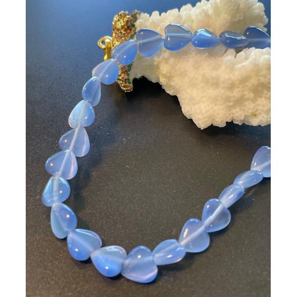 Perles Oeil de chat forme Coeur 8mm, coloris  Bleu