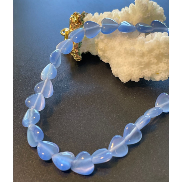 Perles Oeil de chat forme Coeur 8mm, coloris  Bleu