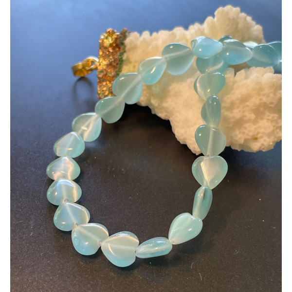 Perles Oeil de chat forme Coeur 8mm, coloris  Bleu Ciel