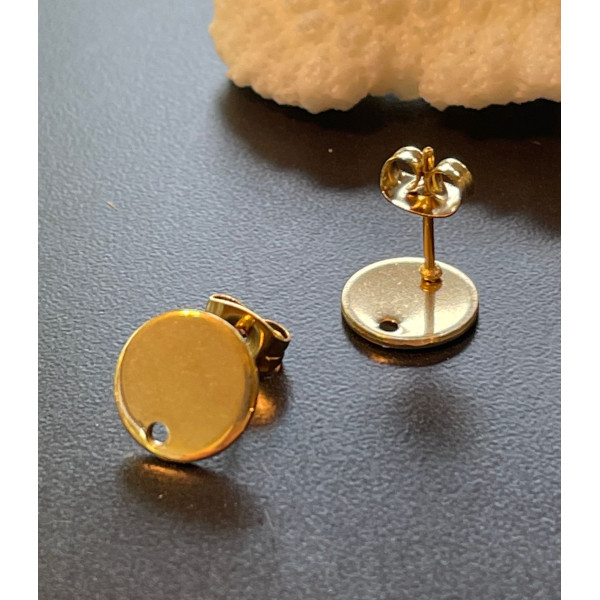 Boucles d'oreille, clou,  puce avec Trou 10mm Acier Inoxydable 304 avec embouts, finition Doré, Placage IONIQUE