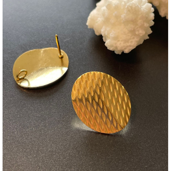 Boucles d'oreilles Puce Ovales Travaillées 20 par 16mm, Acier Inoxydable 304  Doré, placage IONIQUE