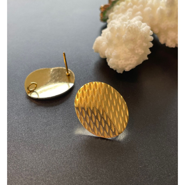 Boucles d'oreilles Puce Ovales Travaillées 20 par 16mm, Acier Inoxydable 304  Doré, placage IONIQUE