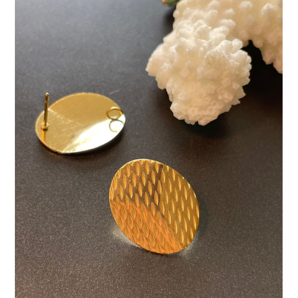 Boucles d'oreilles Puce Ovales Travaillées 20 par 16mm, Acier Inoxydable 304  Doré, placage IONIQUE