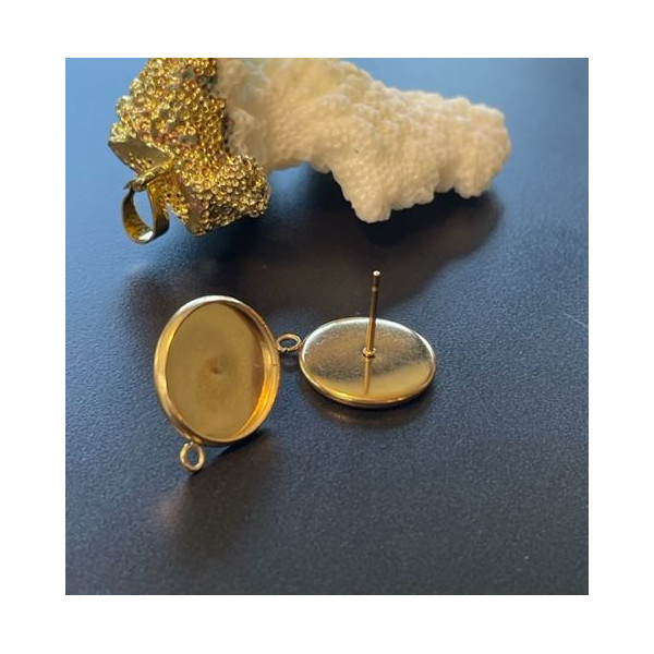 Supports Boucles d' oreille, Puce avec attache pour cabochon 14mm, Acier Inoxydable finition Doré, placage IONIQUE