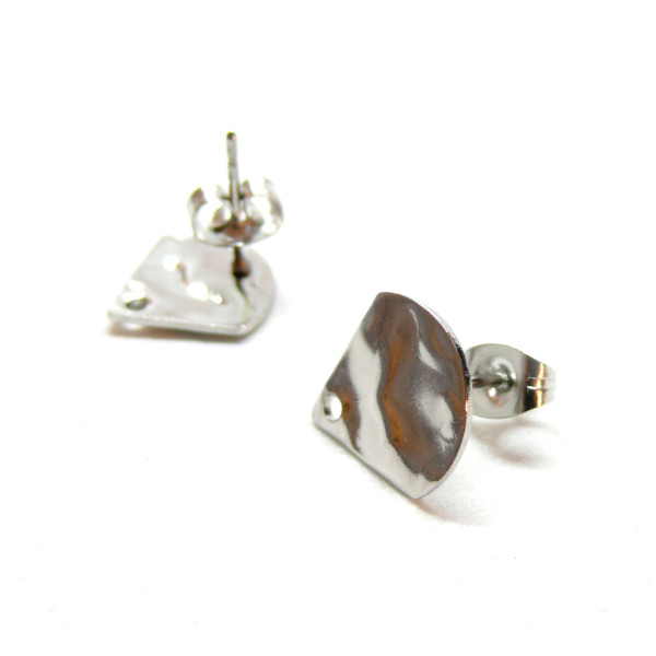 Boucles d'oreilles, Puces Eventail martelé 12mm, Acier Inoxydable 304, finition Argenté
