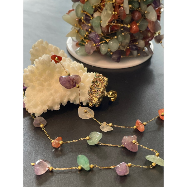 H11I019-20H – 20 cm Chaîne Acier Inoxydable 316 Doré Ionique 18KT & Perles Chips Multi Pierres