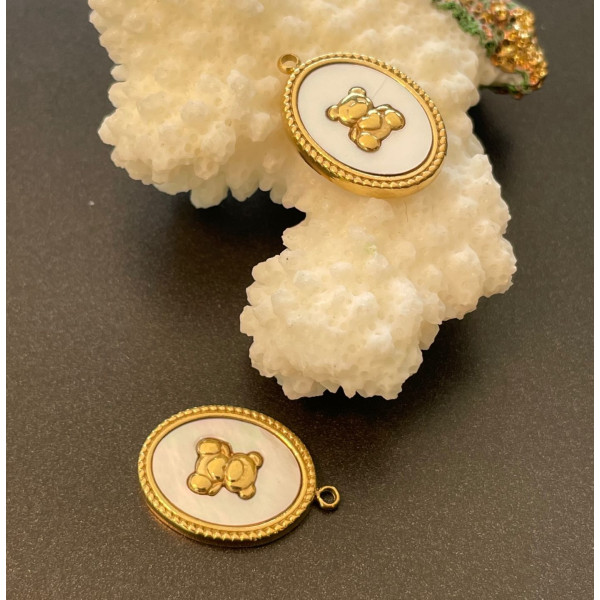H11Q21539G – Lot de 1 Pendentif Médaillon Ourson avec nacre – Acier Inoxydable 304 Doré à l’or fin 14K – Placage IONIQUE