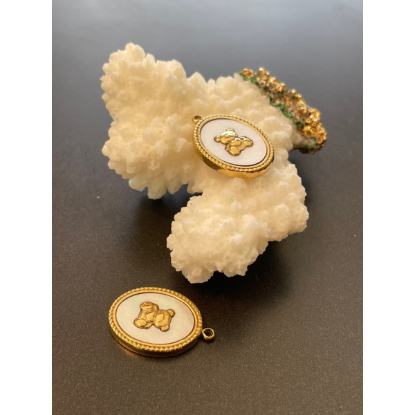 H11Q21539G – Lot de 1 Pendentif Médaillon Ourson avec nacre – Acier Inoxydable 304 Doré à l’or fin 14K – Placage IONIQUE