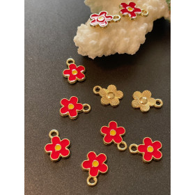 Breloques Fleurs 10 mm – Résine Style Émaillé Rouge – Base Dorée