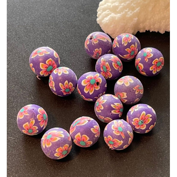 Perles rondes fleur de fimo, pâte polymère 10m, TONS Rose  Violet