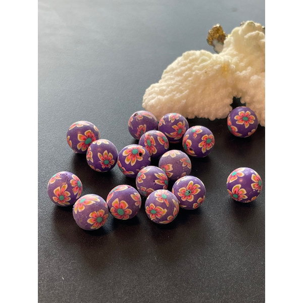 Perles rondes fleur de fimo, pâte polymère 10m, TONS Rose  Violet