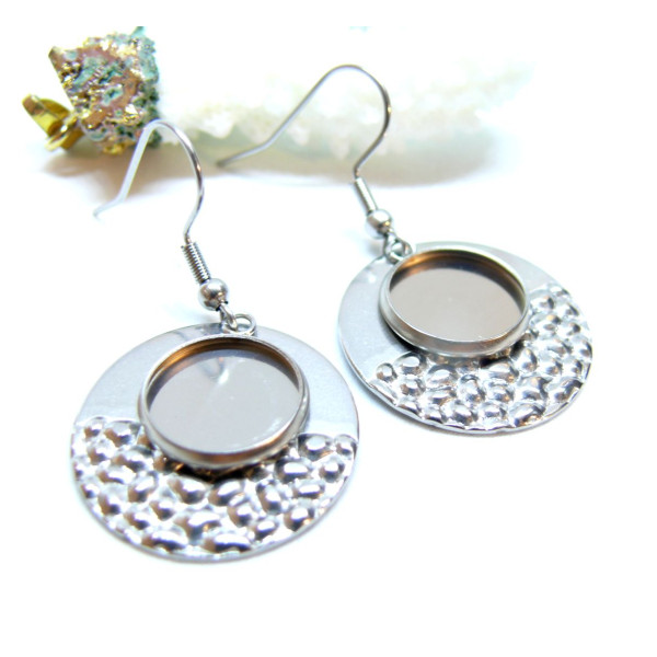 Supports de Boucles d’oreilles Cercle martelé 12 mm – Acier Inoxydable 304 Argenté