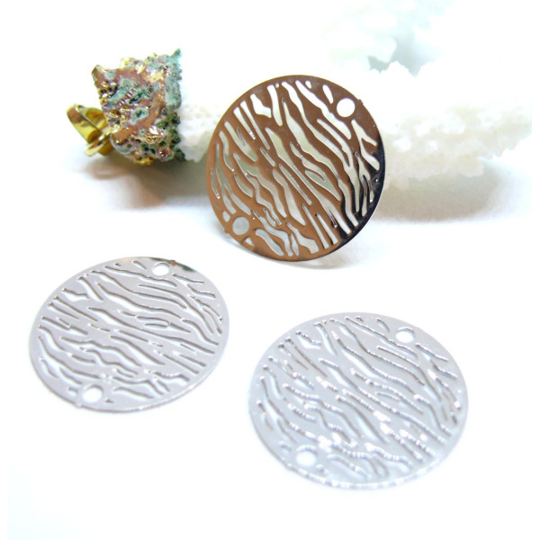 Estampes Pendentifs Connecteurs Filigrane Zèbre 20 mm – Laiton – Coloris argent platine