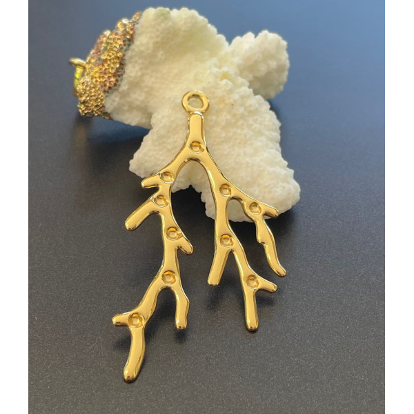 Pendentif Branche de Corail 59mm – Résine Émaillée & Acier Inoxydable 304 Doré Placage IONIQUE
