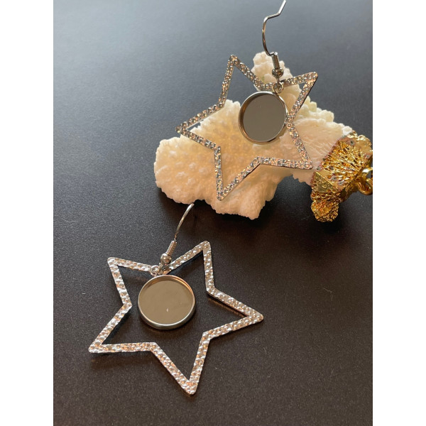 Supports de Boucles d'oreille 12 mm , avec Crochet et Etoile, Acier Inoxydable 304, finition ARGENT