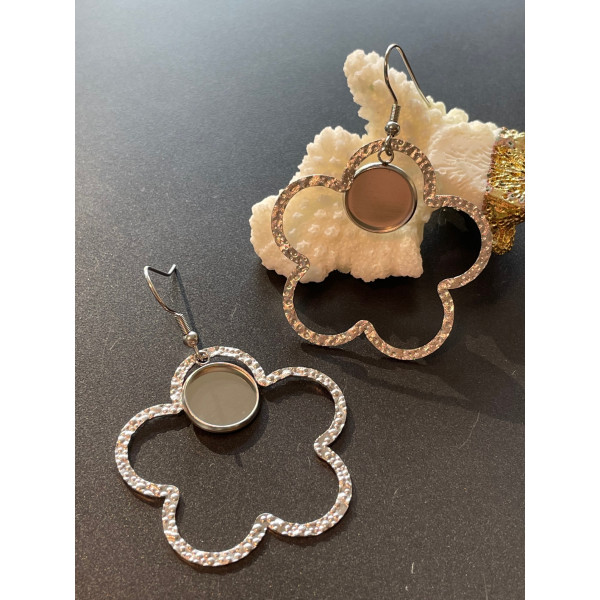 Supports de Boucles d'oreille 12 mm , avec Crochet et Fleur, Acier Inoxydable 304, finition ARGENT