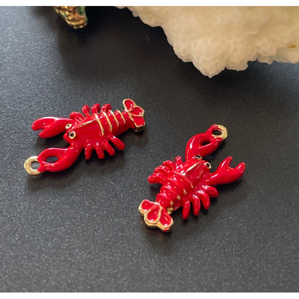 pendentif écrevisse / homard 21 mm – Résine style émaillé rouge sur base dorée