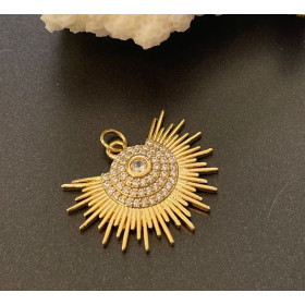 Pendentif – Soleil éventail avec zircon 25 mm – Laiton, doré à l’or fin 18K