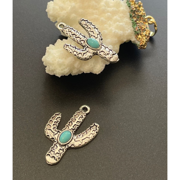 PENDENTIFS BOHO CACTUS metal ARGENT ANTIQUE 30mm
