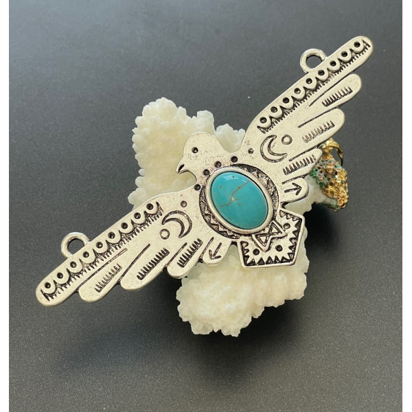 Pendentif connecteur OISEAU ARIZONA DREAM 9.1cm VIEIL ARGENT avec cabochon imitation turquoise