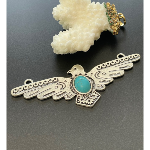 Pendentif connecteur OISEAU ARIZONA DREAM 9.1cm VIEIL ARGENT avec cabochon imitation turquoise