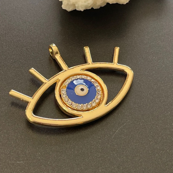 Pendentif Oeil de la protection, Gri gri style émaillé 42mm Bleu métal couleur Doré