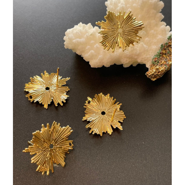 Boucles d’oreille Puce Art Déco Soleil 20mm avec trou d'attache – Laiton Doré à l’or fin 18K