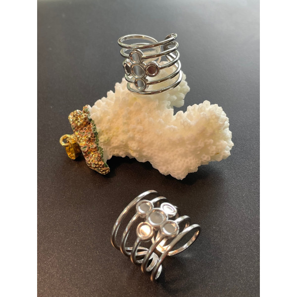 Support de Bague 5 mini cabochons, Anneau Double, Acier Inoxydable 304 Argenté