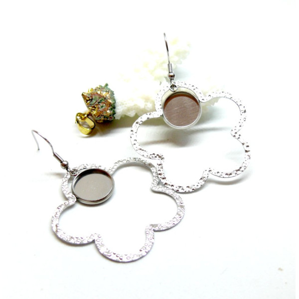Supports de Boucles d'oreille 12mm, avec Crochet et Fleur, Acier Inoxydable 304 Argent