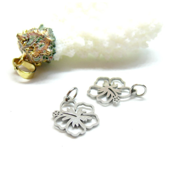 Pendentifs – Fleur d’hibiscus 15 mm – Acier inoxydable 304, finition argentée