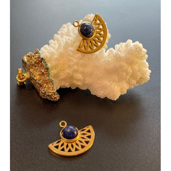 PS11870513 – Lot de 1 Pendentif Éventail Art Déco 20mm – Bleu Lapis Lazuli en Acier Inoxydable 304 Doré