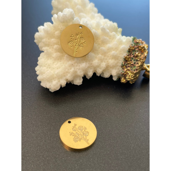 Pendentifs Médaillon avec Fleurs 13mm – Acier Inoxydable 304 Doré PVD