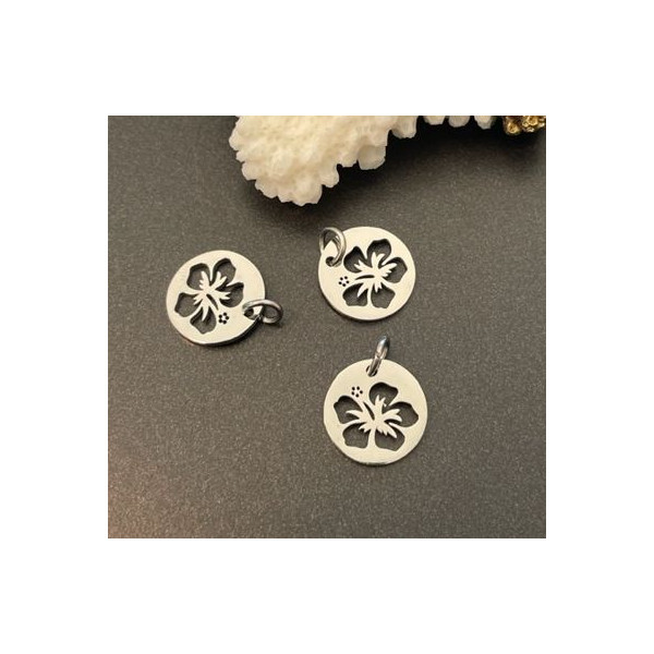 Pendentifs avec anneau, Médaille Fleurs d’Hibiscus 11,5 mm – Acier Inoxydable 304 Argenté