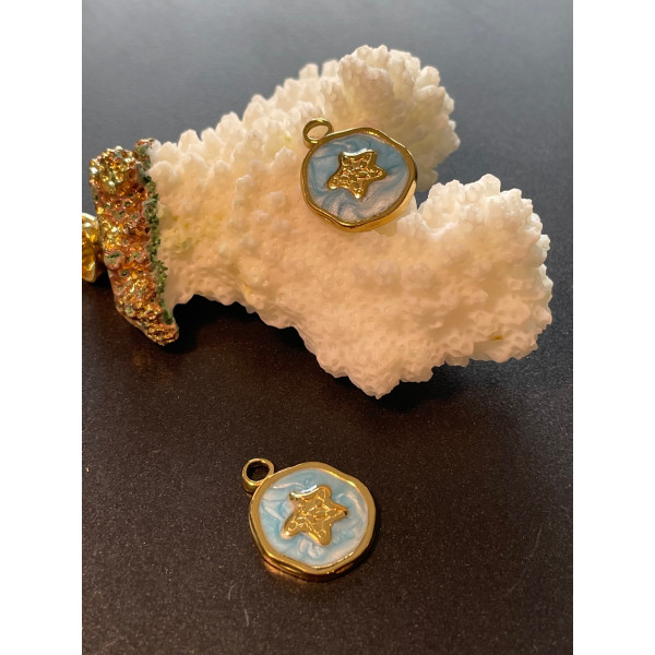 Pendentif Médaillon avec Étoile en Résine Émaillée – Acier Inoxydable 304 Doré à l’or fin 18K