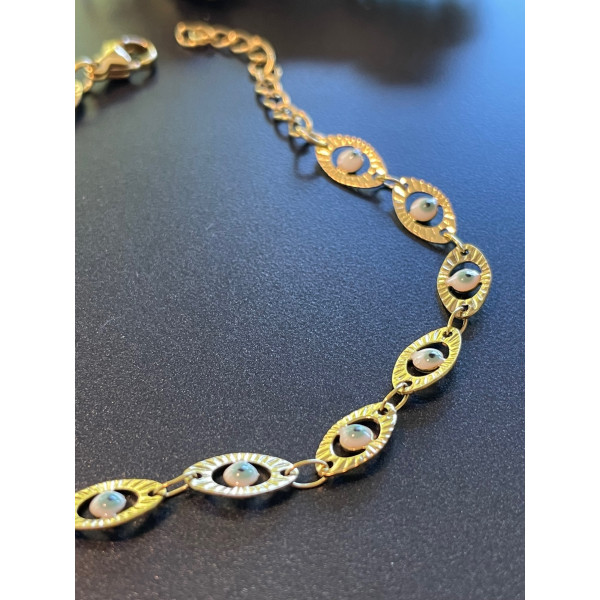 Bracelet Amulette Grigri Résine Émaillée Bleu Clair Acier Inoxydable 304 Doré 18KT