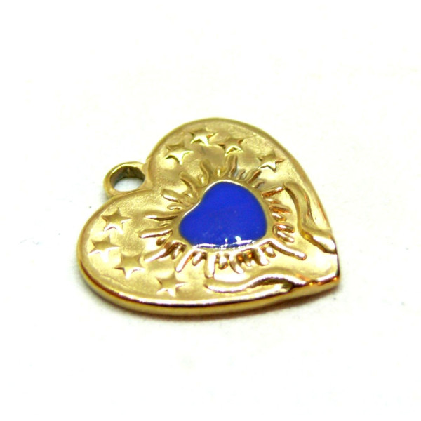 Pendentif Cœur résine émaillé Bleu Roi 17mm - en Acier Inoxydable 304 finition Doré