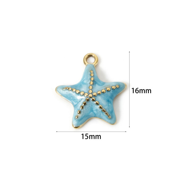 Pendentif Étoile de mer 16 mm avec résine émaillée bleu – Acier Inoxydable 304 Doré à l’or fin 14K, PVD