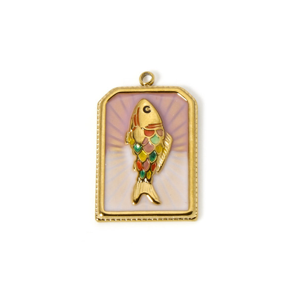 Pendentif Rectangle avec poisson 28 mm en résine émaillé – Acier Inox 304 Doré à l’or fin 18K, PVD