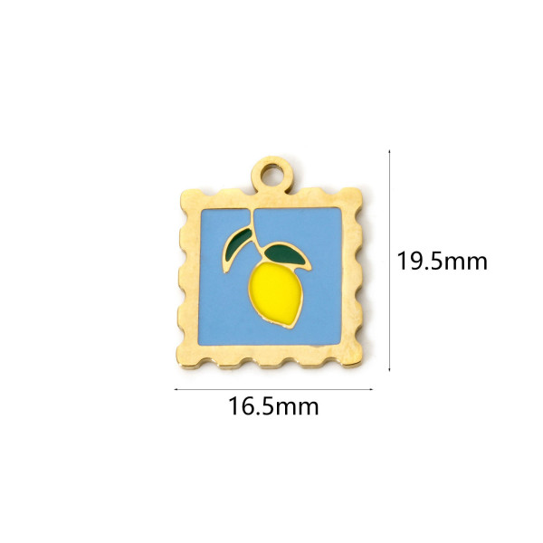 Pendentif Médaillon Carré Citron 16,5 mm avec résine émaillée – Acier Inoxydable 304 Doré à l’or fin 14K, PVD