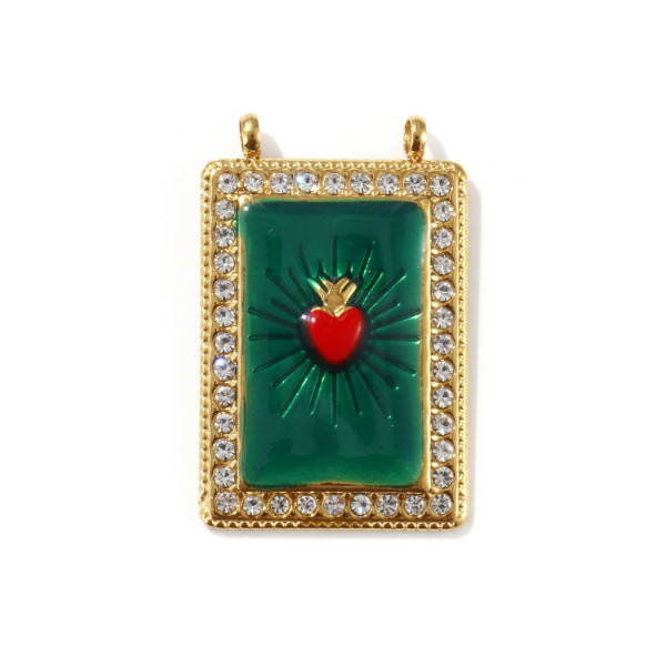 Pendentif Rectangle Cœur Ex Voto 36 mm, résine émaillée et strass – Acier Inoxydable 304 Doré à l’or fin 18K, PVD