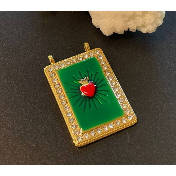 Pendentif Rectangle Cœur Ex Voto 36 mm, résine émaillée et strass – Acier Inoxydable 304 Doré à l’or fin 18K, PVD