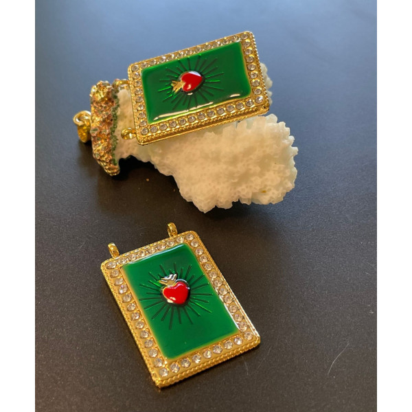 Pendentif Rectangle Cœur Ex Voto 36 mm, résine émaillée et strass – Acier Inoxydable 304 Doré à l’or fin 18K, PVD